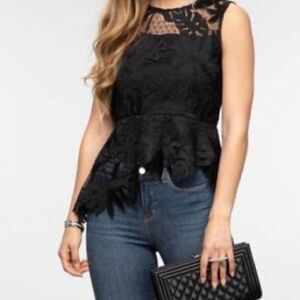 MILLY LENA PALM LACE EMBROIDERY SLEEVELESS PEPLUM BLOUSE IN BLACK S NWT